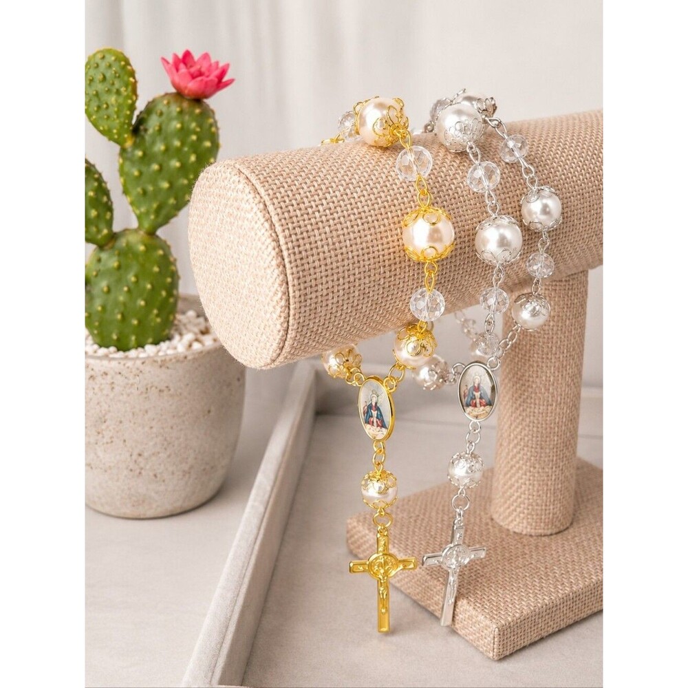Women's 2pc Rosary Bracelet Set with  Beads & Cross Charms Gold & Silver